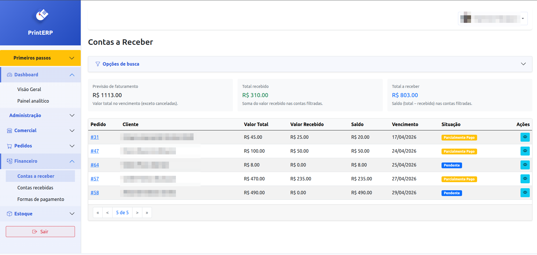 Contas a receber no PrintERP — financeiro ligado aos pedidos