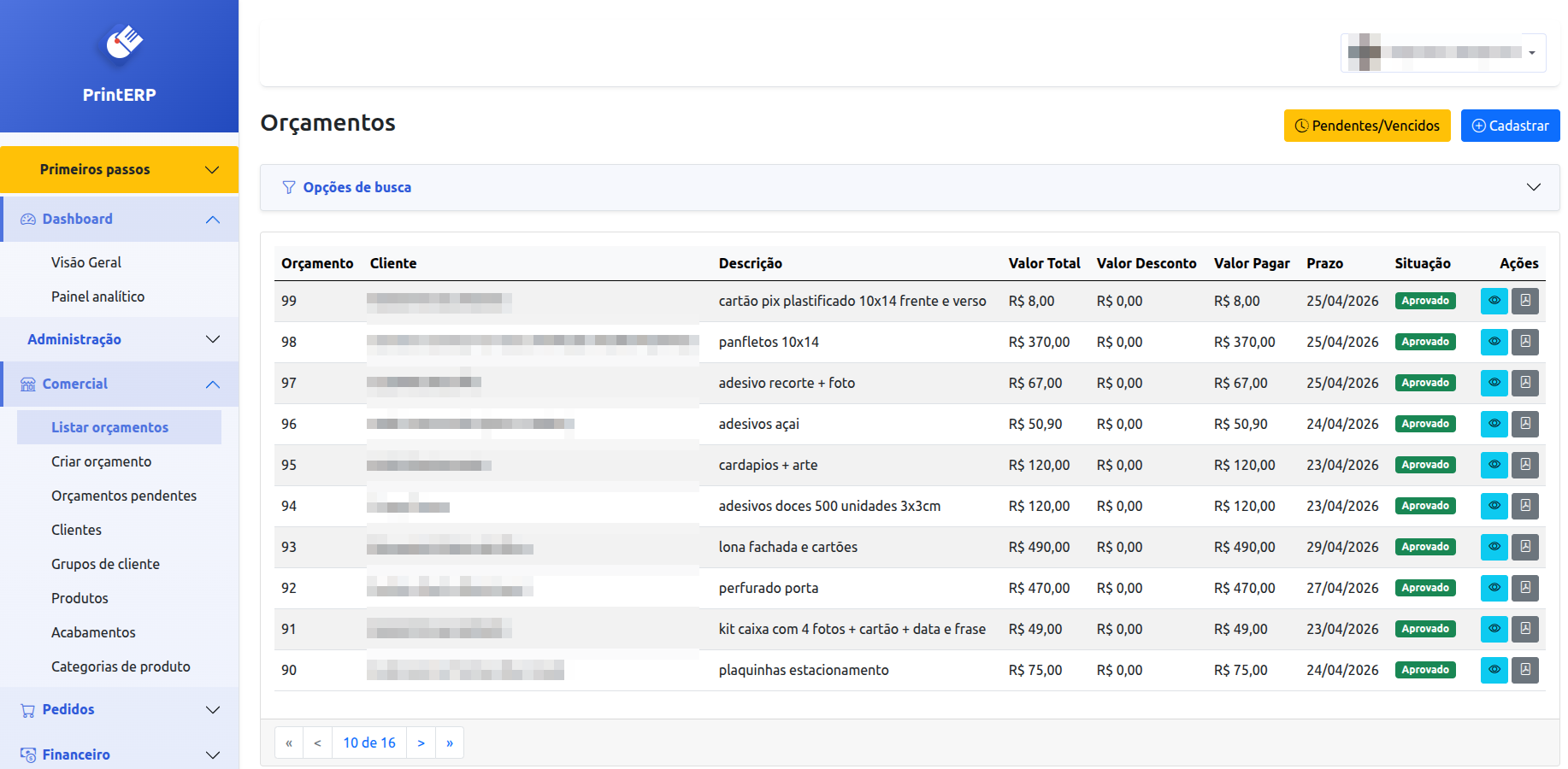 Tela de orçamentos e pedidos no PrintERP — comercial centralizado